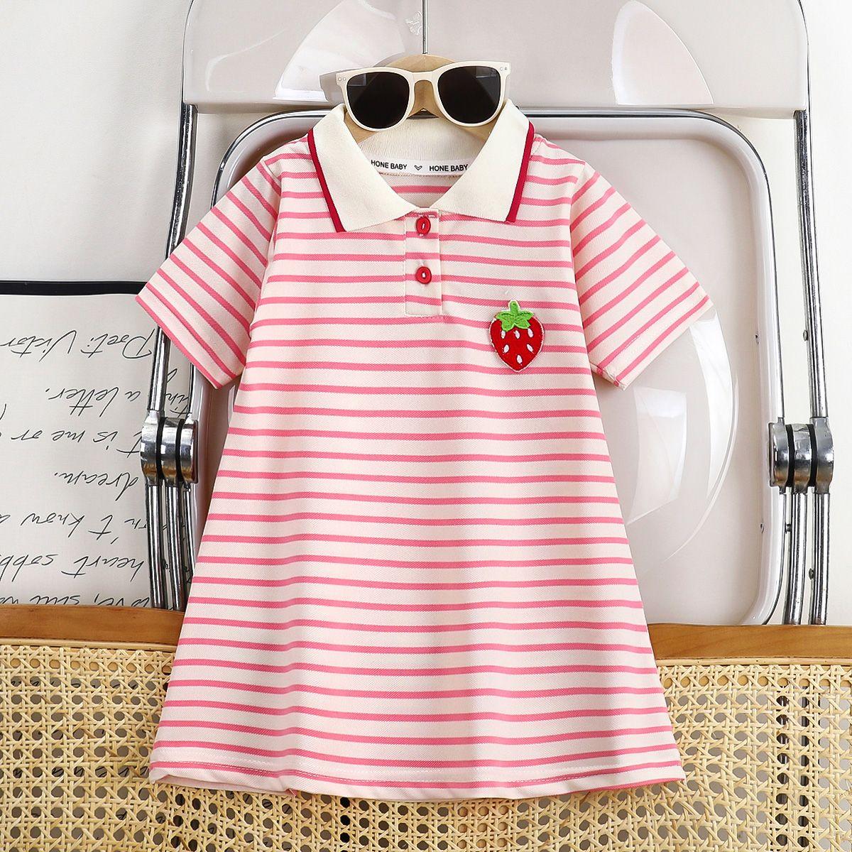

Children s Dress Girls Summer Korean Edition Striped Strawberry Lapel Casual Dress 1-10 Years Old 150