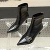 Fashion Single Boot Autumn New Pointed Toe Spliced Metal Belt Buckle Rear Zipper Anti-Slip Wear-Resistant Stiletto Heel Shortho