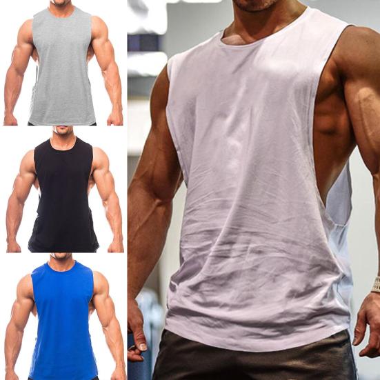 Men Vest Solid Color Loose Summer Round Neck Sleeveless Top for Fitness