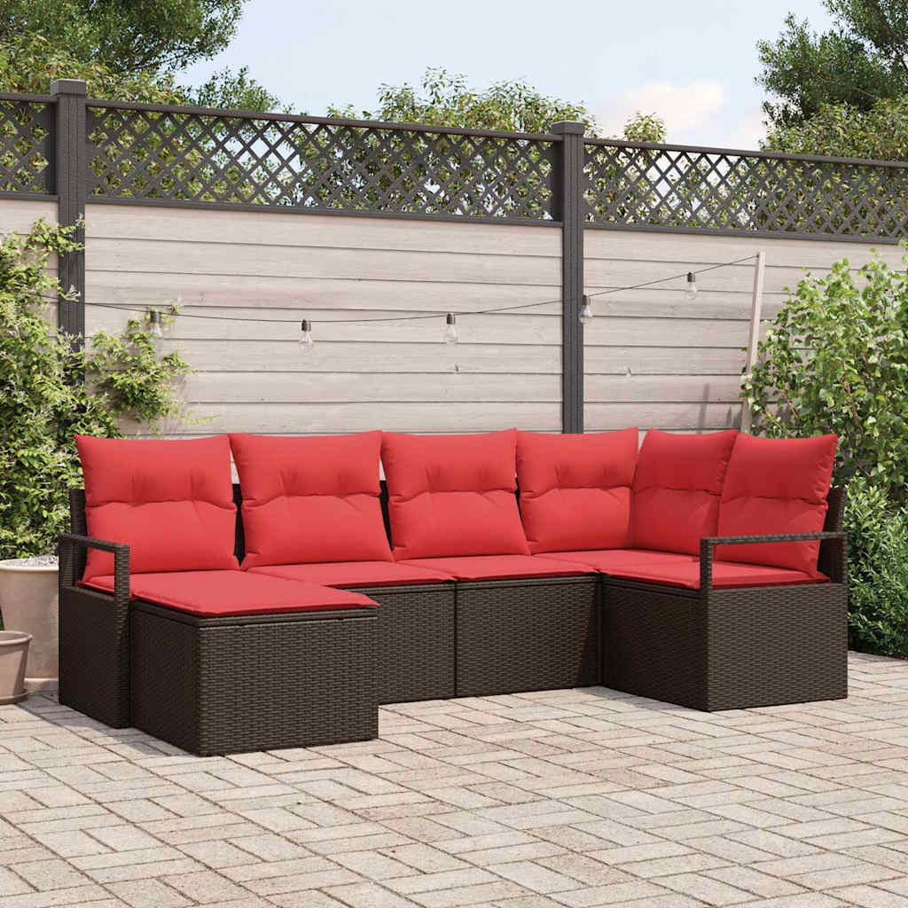 Sofa Set with Cushions 6 pcs Brown and Red Poly Rattan