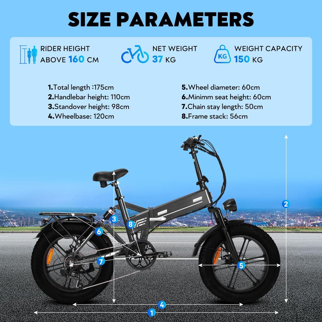 OOK-TEK E20 Foldable Electric Bike, 48V 15AH Battery, Front & Rear Suspension