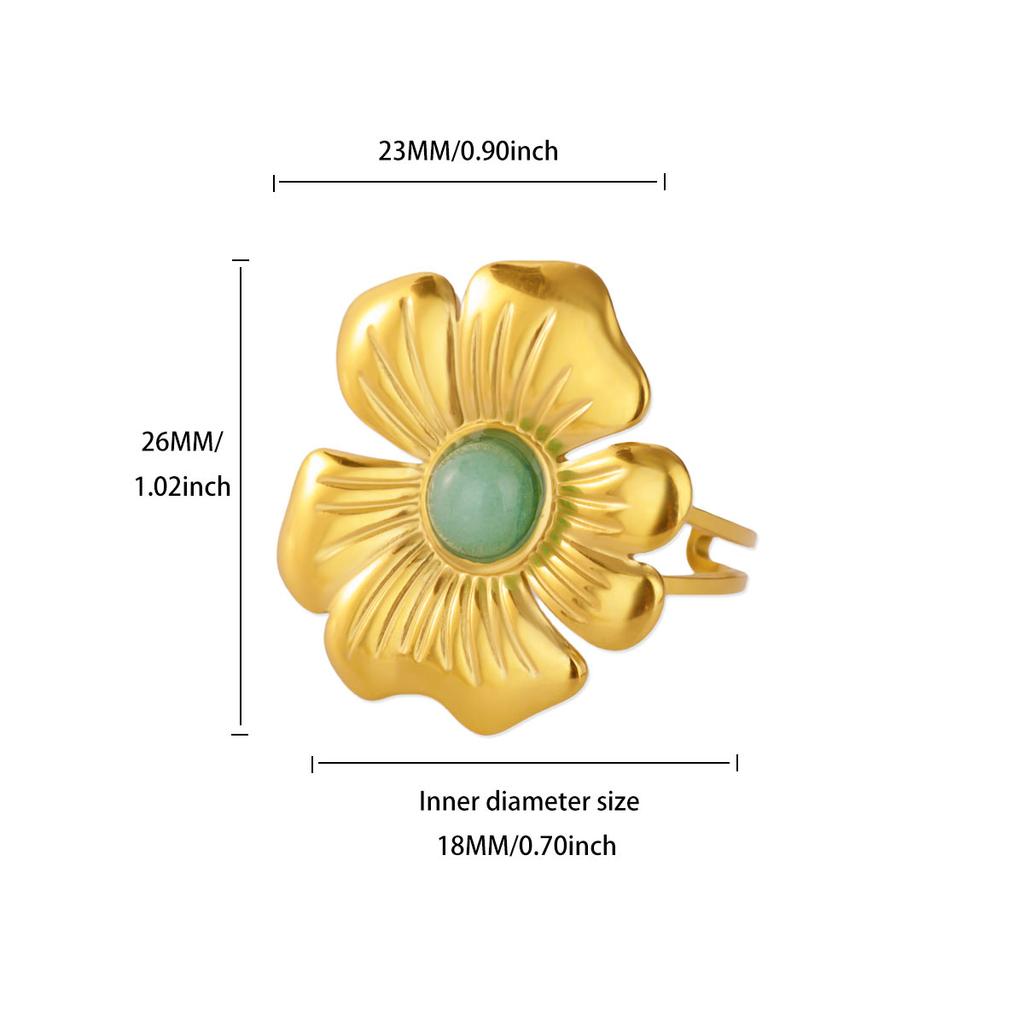 Edelstahl Grün Opal Stein Ringe für Damen Mädchen Vintage Gold Farbe Offener Blumenring Hochzeit Party Schmuck Zubehör