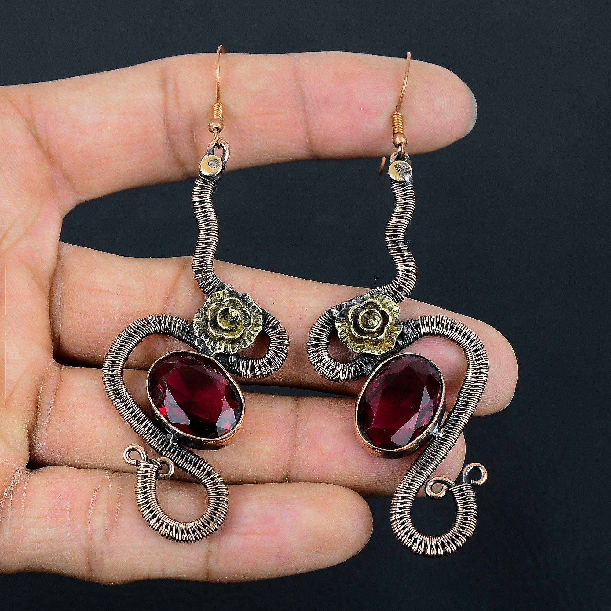 

Украшения из красного граната, серьги, обернутые медной проволокой 999 пробы, серьги ручной работы с драгоценными камнями ко Дню памяти 2.55 Inches