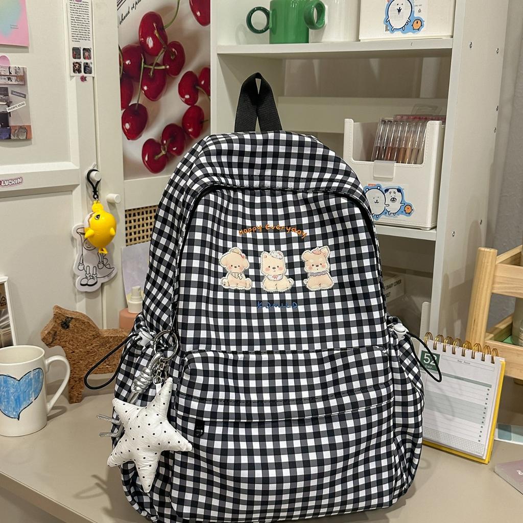 Schoolbag new cute pink plaid cat schoolbag sweet clear backpack large capacity high value going out girl backpack