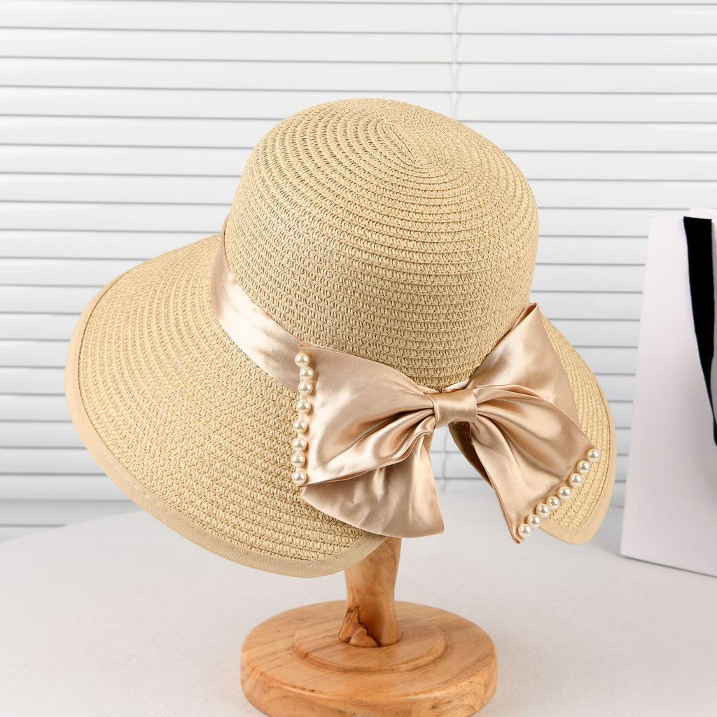Summer bow visor female split ponytail straw hat Korean version pearl big eaves sun protection sun bucket hat