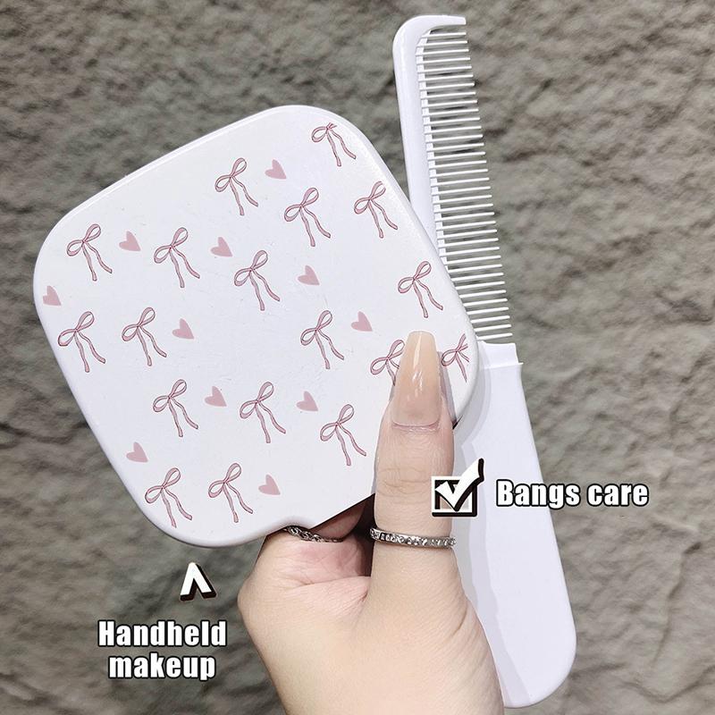 Tragbare Schleife Niedlicher Rosa Spiegel Kamm Handspiegel Kamm Ausgezogene Integrierte Haarbürste Massage Styling Werkzeug Make-up Spiegel