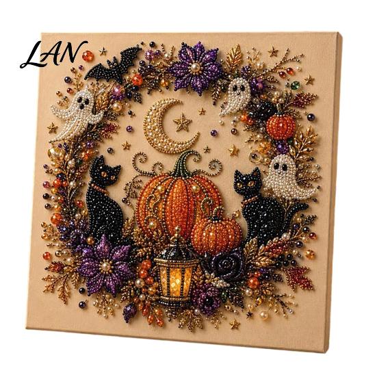 Artistic Halloween Holiday Crafts Ghost Faux Pearl Art DIY Kit, Spooky 3D Bead Cool Pattern Kits Painting Crafts, Gothic Wall for Adults Beginners