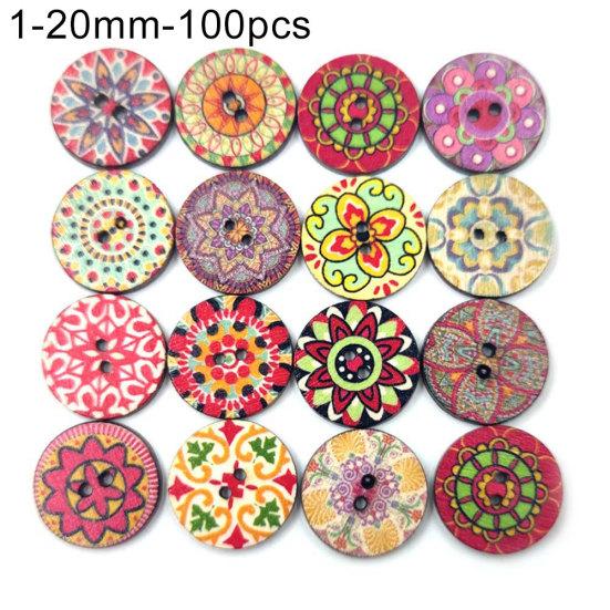 100Pcs Bohemian Style Retro Pattern Round Shape Wooden Buttons Clothing Decor