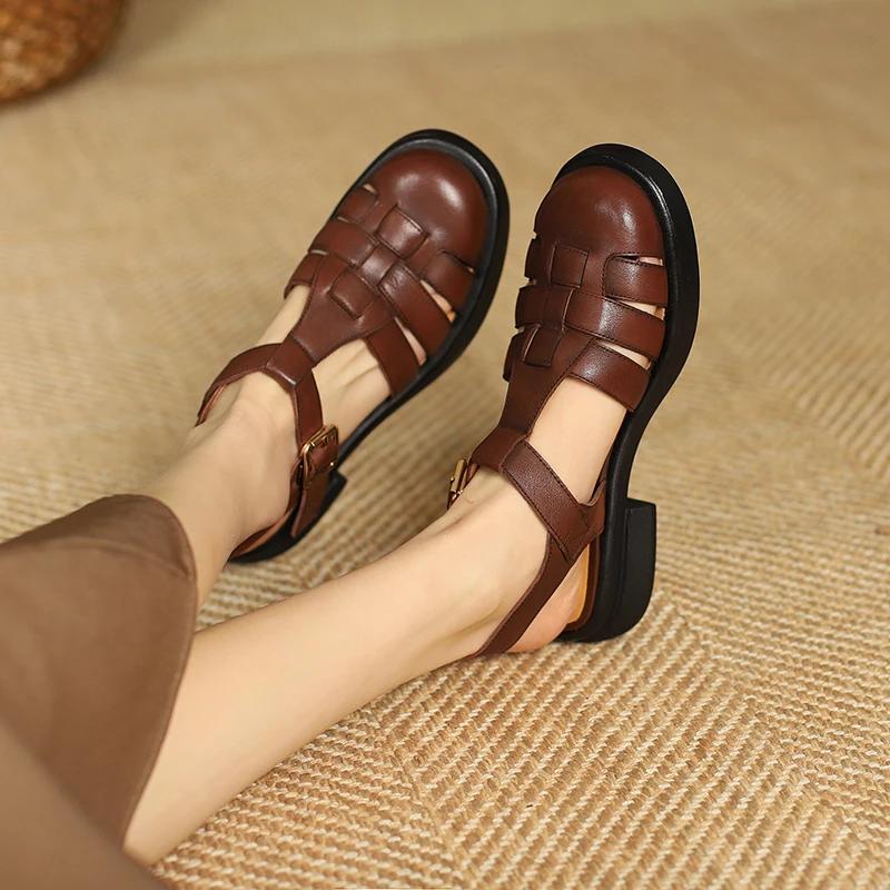 Fashion 2025 Women Sandals Retro Genuine Leather Luxury Roman Sandals Casual Buckle Strap Summer Shoes GLADIATOR Thick Heel Women Shoes