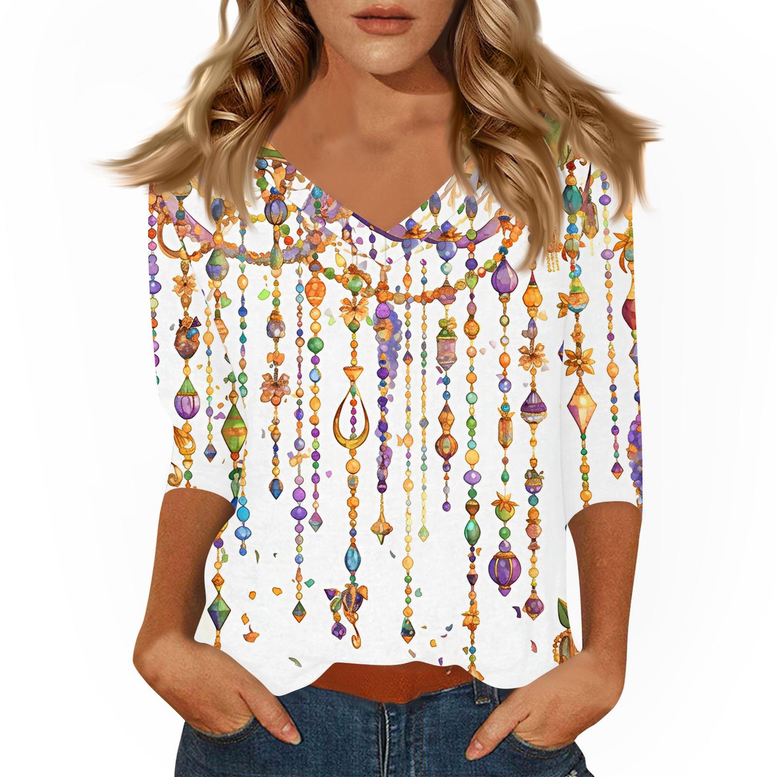 

Жіноча футболка з принтом з рукавом 3/4, щоденна мода на вихідні, базовий V-подібний виріз, звичайний топ L білий