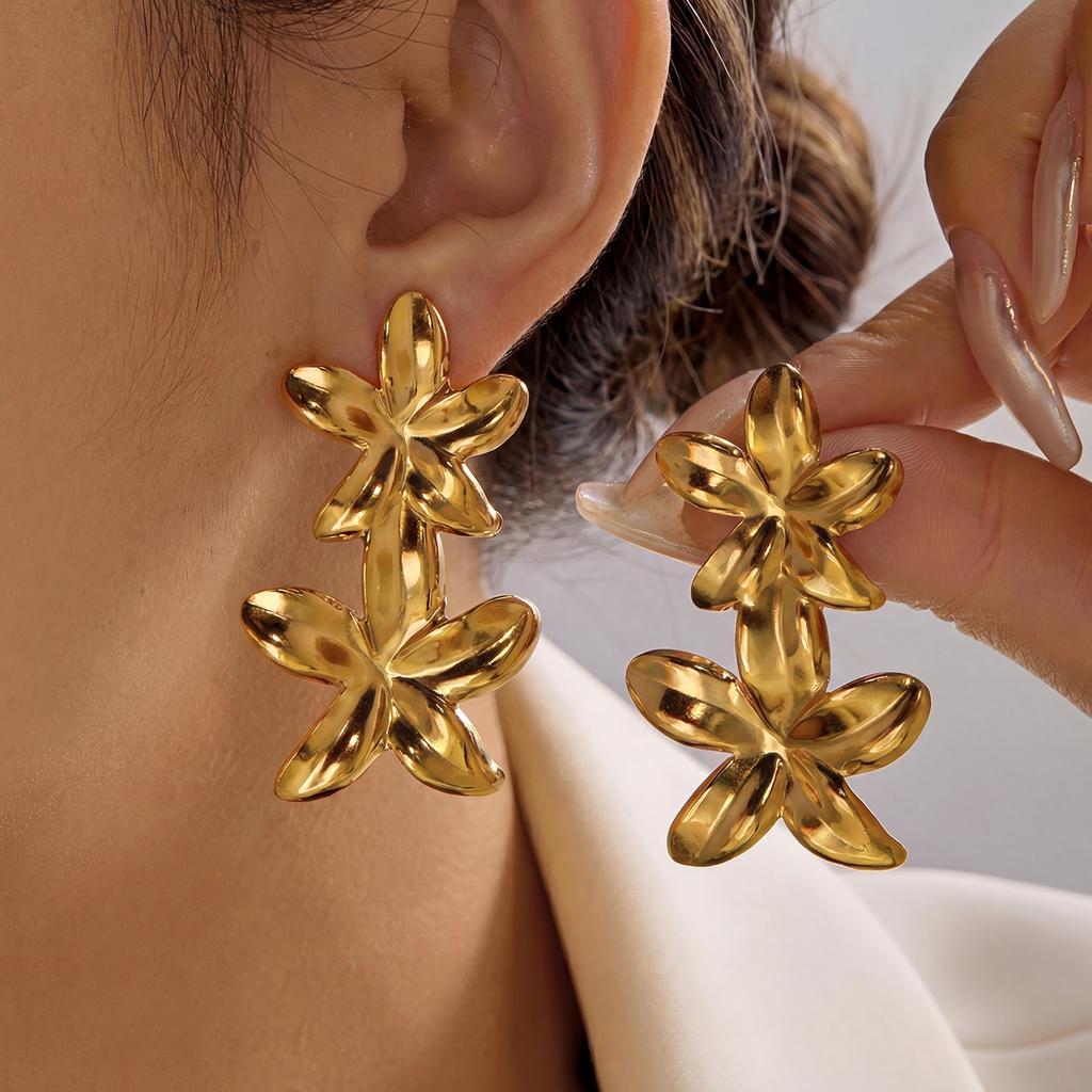 Vintage Flower Stainless Steel Drop Stud Earrings for Women Classical Multi Layer Floral Party Fashion Jewelry Gift