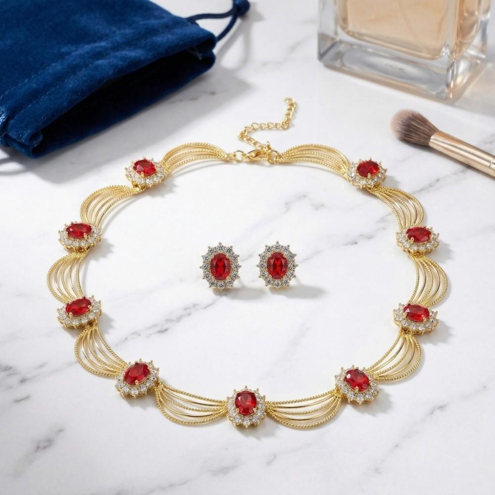 Gold-Tone Gemstone Necklace Set Geometric Statement Jewelry Set Earring Matching Set  Women