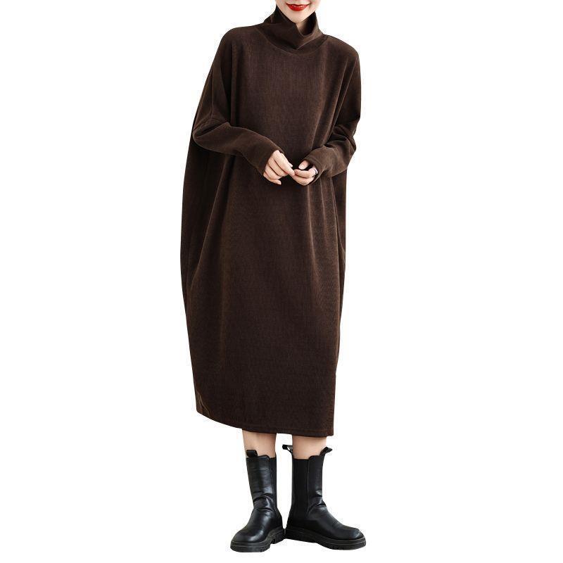 Plus Size Women's High Neck Slimming Casual Long Sleeve Mid-Length Dress In Coffee Color