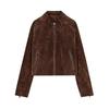 Turndown Collar Zipper Long Sleeve Brown Suede Jacket Windproof Warm Women's Retro Short Jacket Spring and Autumn