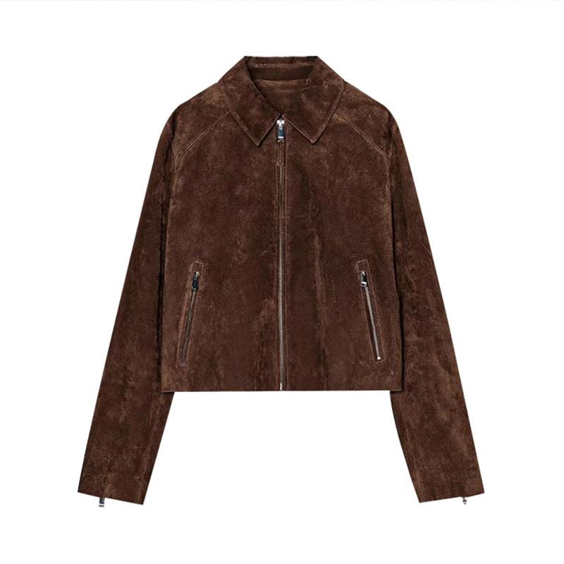 Turndown Collar Zipper Long Sleeve Brown Suede Jacket Windproof Warm Women's Retro Short Jacket Spring and Autumn