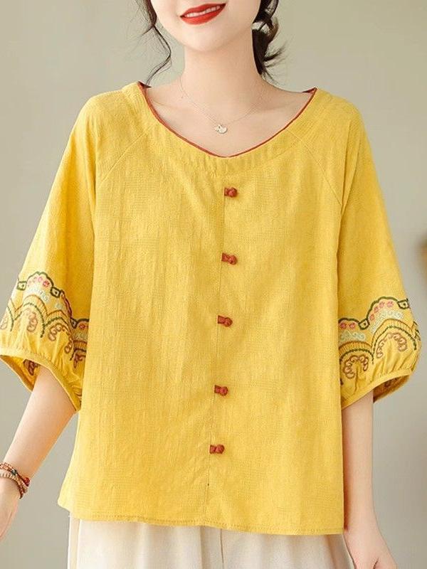 Retro Embroidered Short-Sleeve Cotton-Linen T-Shirt for Middle-Aged Women - Spring/Summer