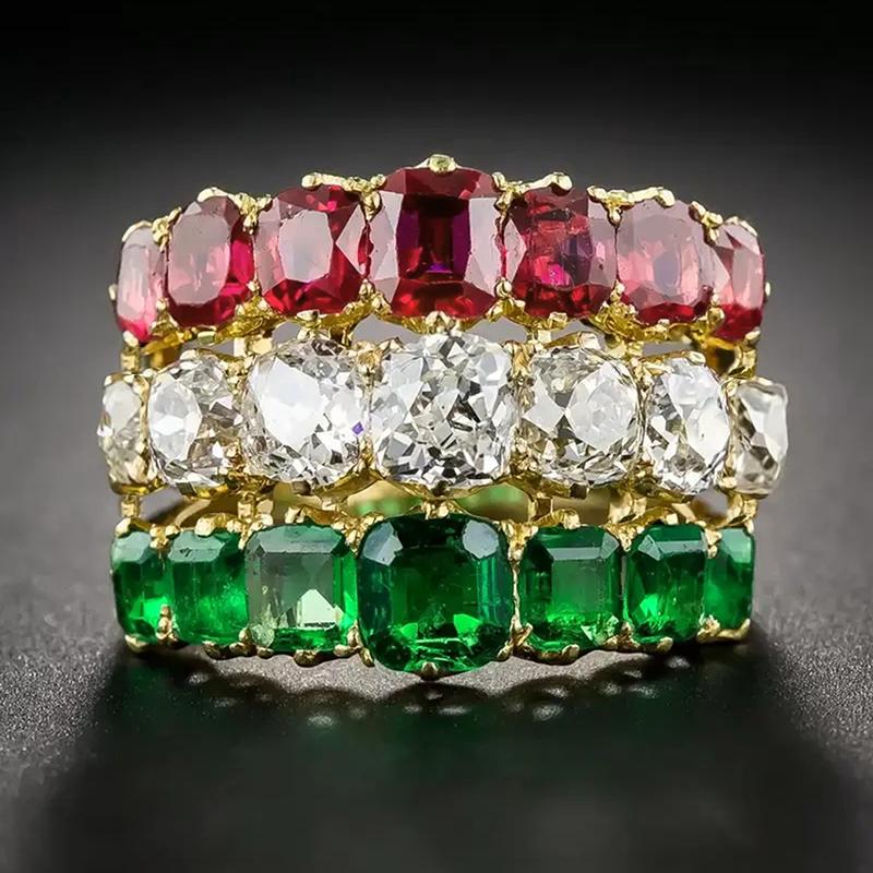 Huitan Трехслойные Красные/Белые/Зеленые Кольца с Кубическим Цирконием для Женщин Роскошные Золотого Цвета Свадебные Аксессуары Модные 10