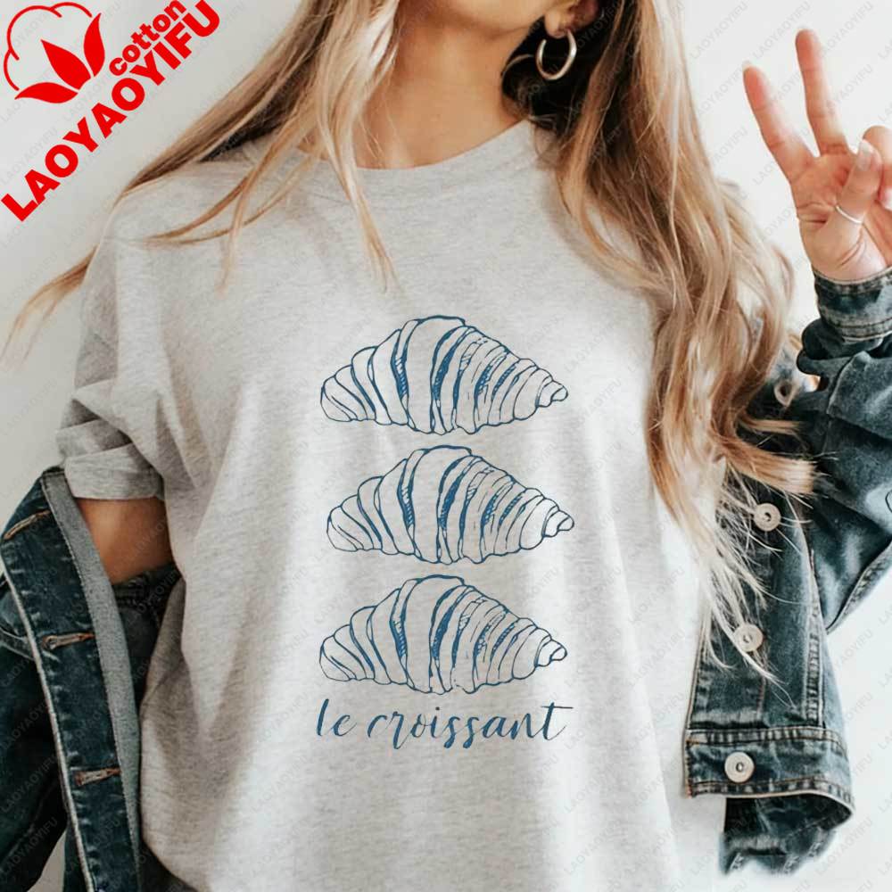 

Womens TShirt Le Croissant French Print Casual Tee Cute Bread Graphic Cotton Tops Fit Streetwear Summer Blouse for Daily Wear S