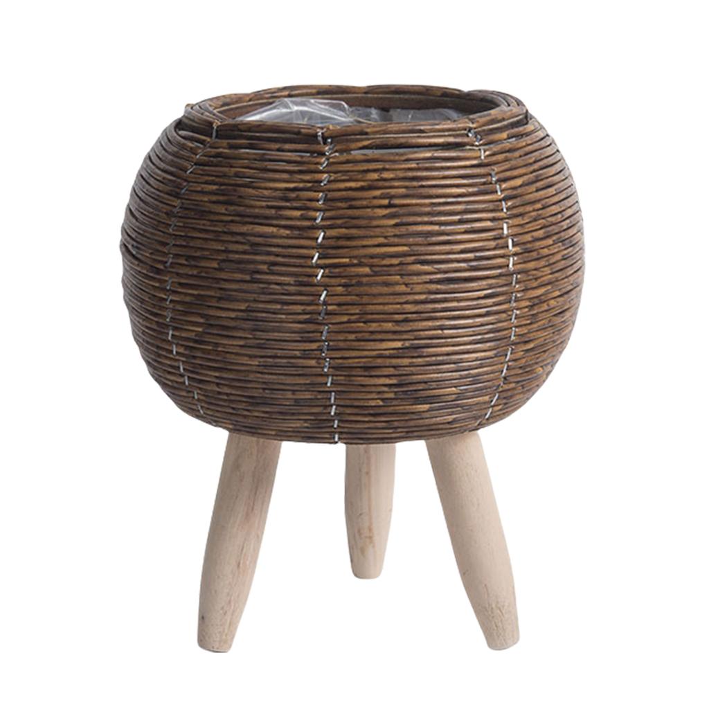 Květináče se stojanem Ratanové květináče Pletená rostlinná stolička v košíku Designový stojan na květináče s dřevěnými nohami