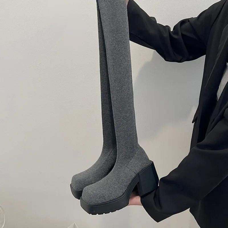 Módní Velikost 35-40 Zimní Dámské Kozačky Nad Koleno Strečové Pletené Silné Podpatky Dlouhé Kozačky Dámské Nazouvací Platformové Boty