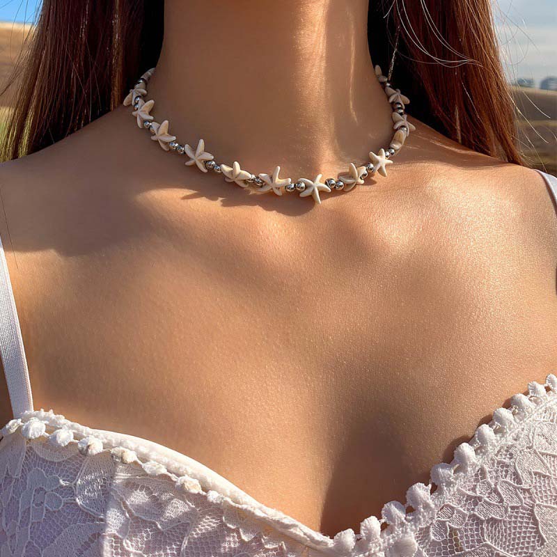 Bohemian Starfish Pearl Choker Necklace for Women Girl Fashion Creative Crystal Handmade Beaded Necklaces Beach Jewelry Gift