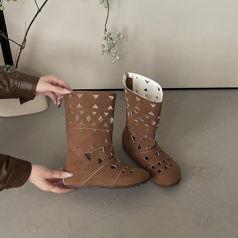 Spot second hair~ Bohemian niche design inner heightening knight boots women's hollow carved thin boots