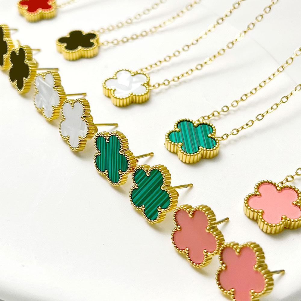 ALTERA 2Pcs Luxury 5 Leaf Flower Pendant Necklace Earrings for Women Gift Fashion Stainless Steel Double Side Clover Zircon Set