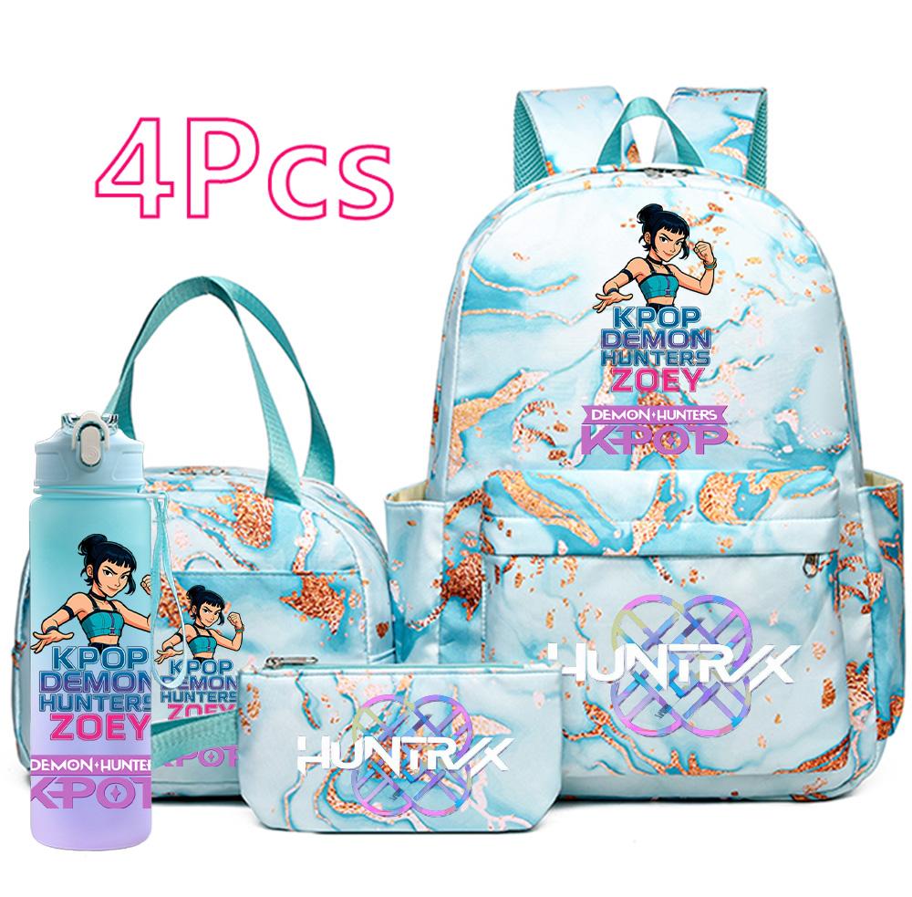 4 Pezzi/set Zaino Stampato Cacciatori di Demoni Cartoni Animati Borsa Astuccio con Borraccia da 750 ml per Ragazzo Ragazza Adolescente Zaini Scolastici di Grande Capacità