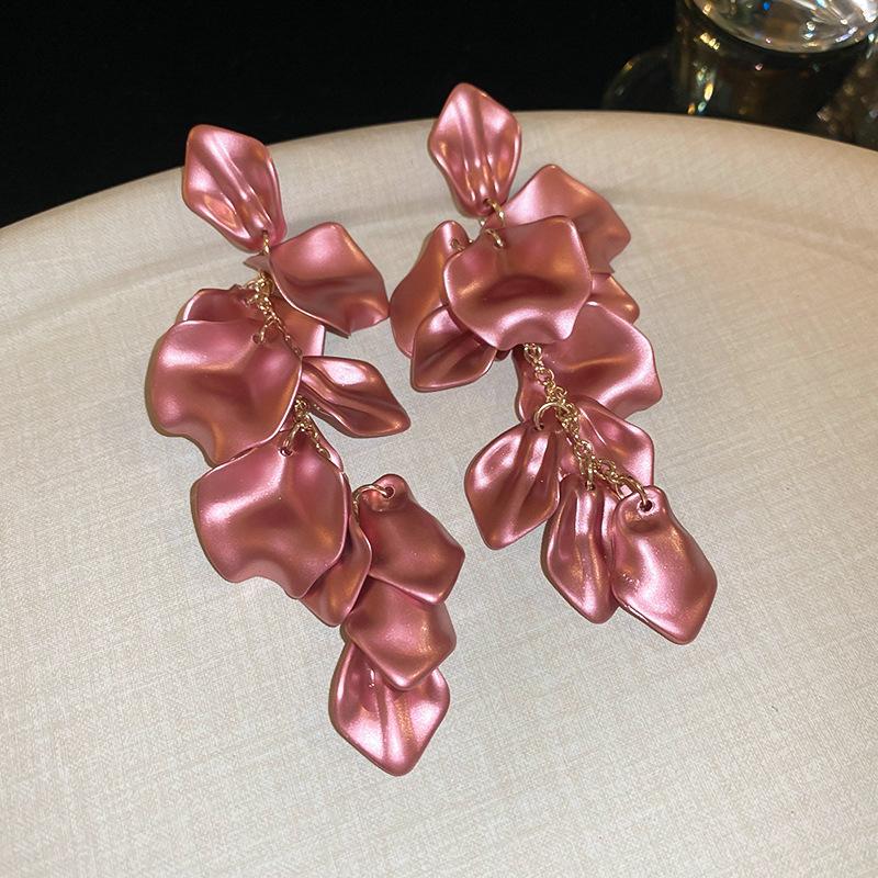 Rose petal earrings exaggerated fashion long fringed earrings women's high-end temperament versatile earrings