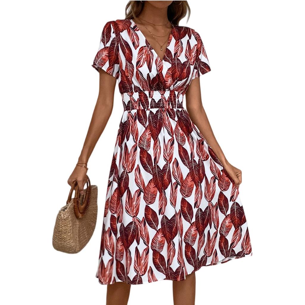 Women's Dresses Casual Small Floral Printed V-Neck Short Sleeve Dresses