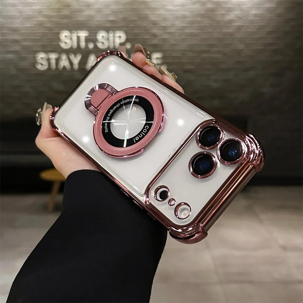 Fashion Plating Armor Magnetic Bracket Transparent Cases For iPhone 17 Air 16 Pro Max Four Corner Airbag Enhance Anti-Drop Cover