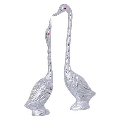 Paire de canards embrassants, cygnes, pièce maîtresse pour la décoration intérieure - 29 cm (argent)