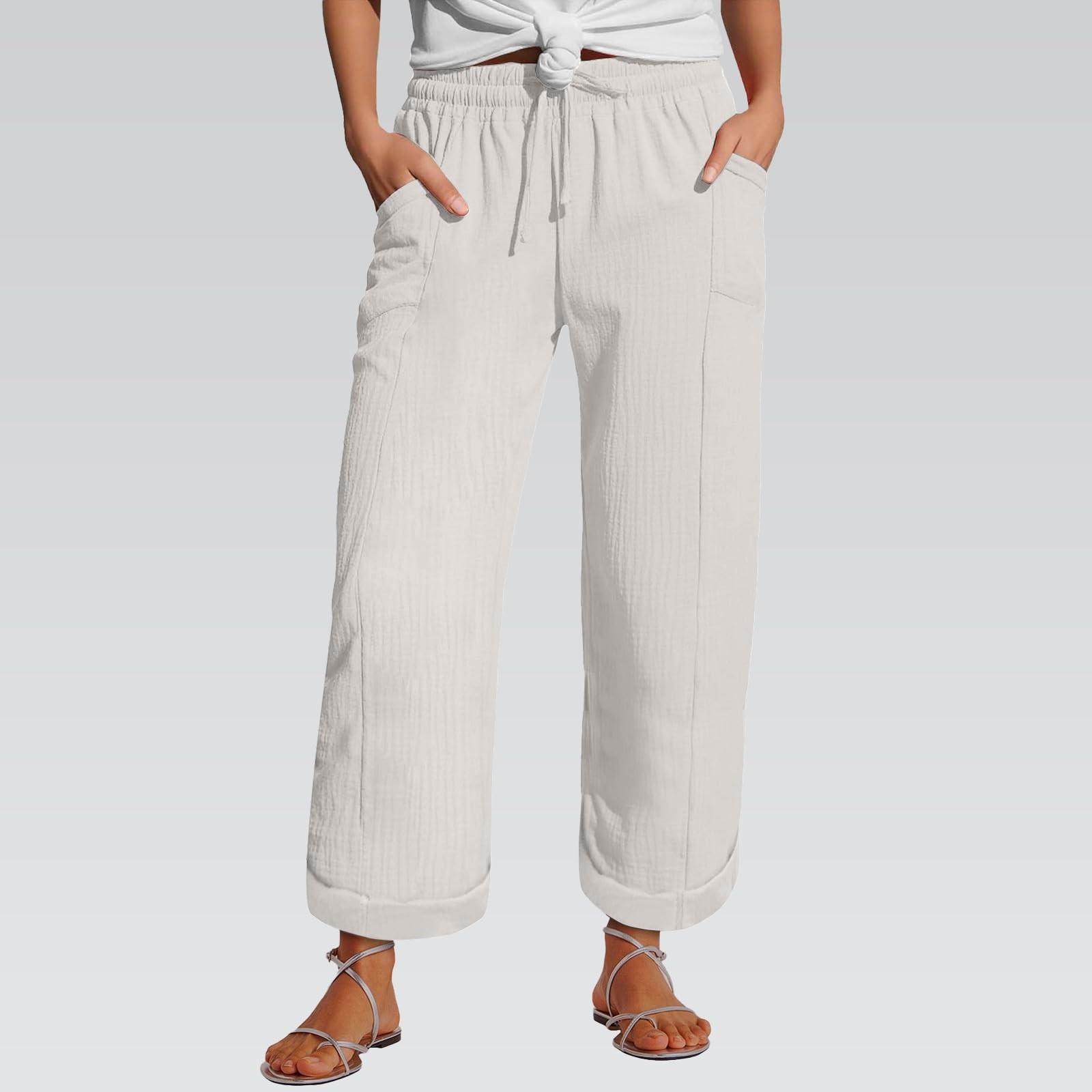 

Женские брюки Модные повседневные брюки Однотонные брюки на кулиске с высокой талией и карманами L бежевый