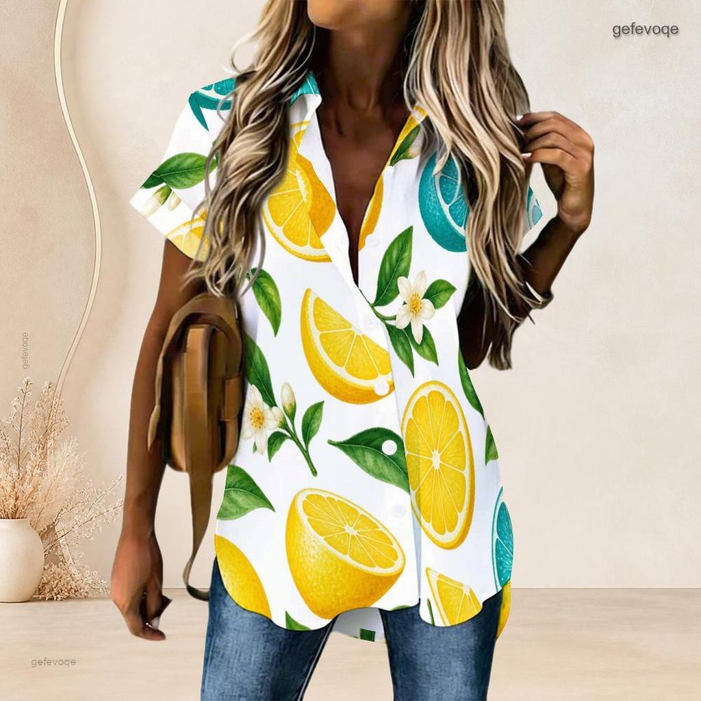 Women Plus Size Collared Neck Short Sleeve Lemon Print White Button Front High Low Curved Hem Shirt