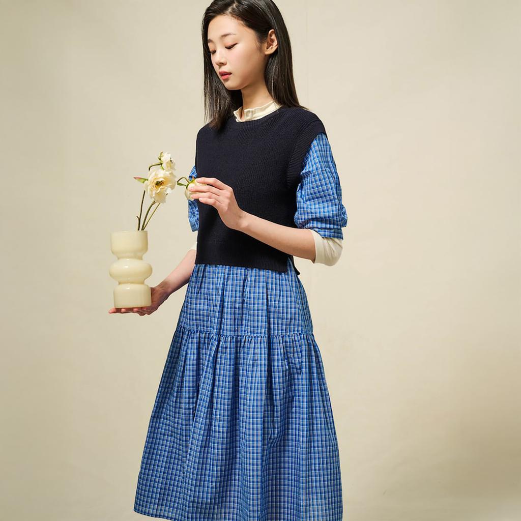 Binpolleidiseu Knit Vest Patch Check Dress Blue (Bf5371C04P)