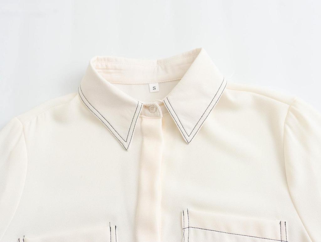 Spring 2025 Women's Color Block Casual Loose Shirt with Pocket and Turn-Down Collar