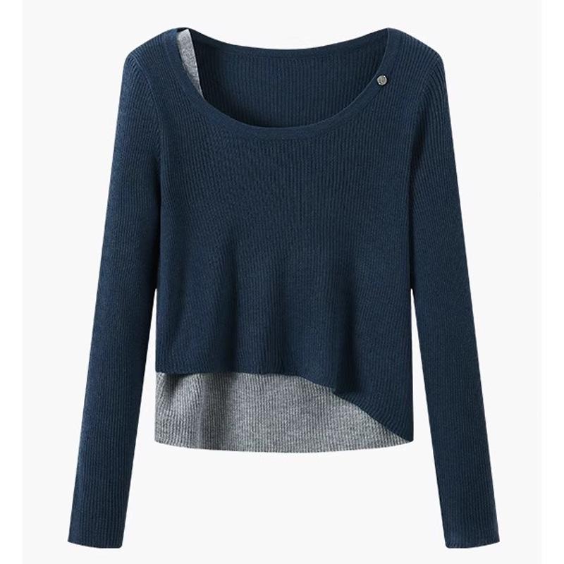 2026 Spring Women's Asymmetrical Patchwork Ribbed Knit Sweater - Slimming Two-Piece Look
