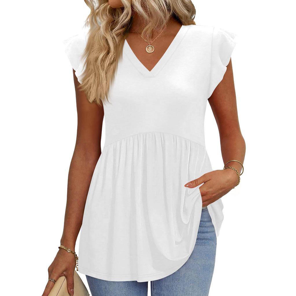 Womens Tops Fashionable V-neck Ruffled Sleeve Short-sleeved T-shirt Business Blouses