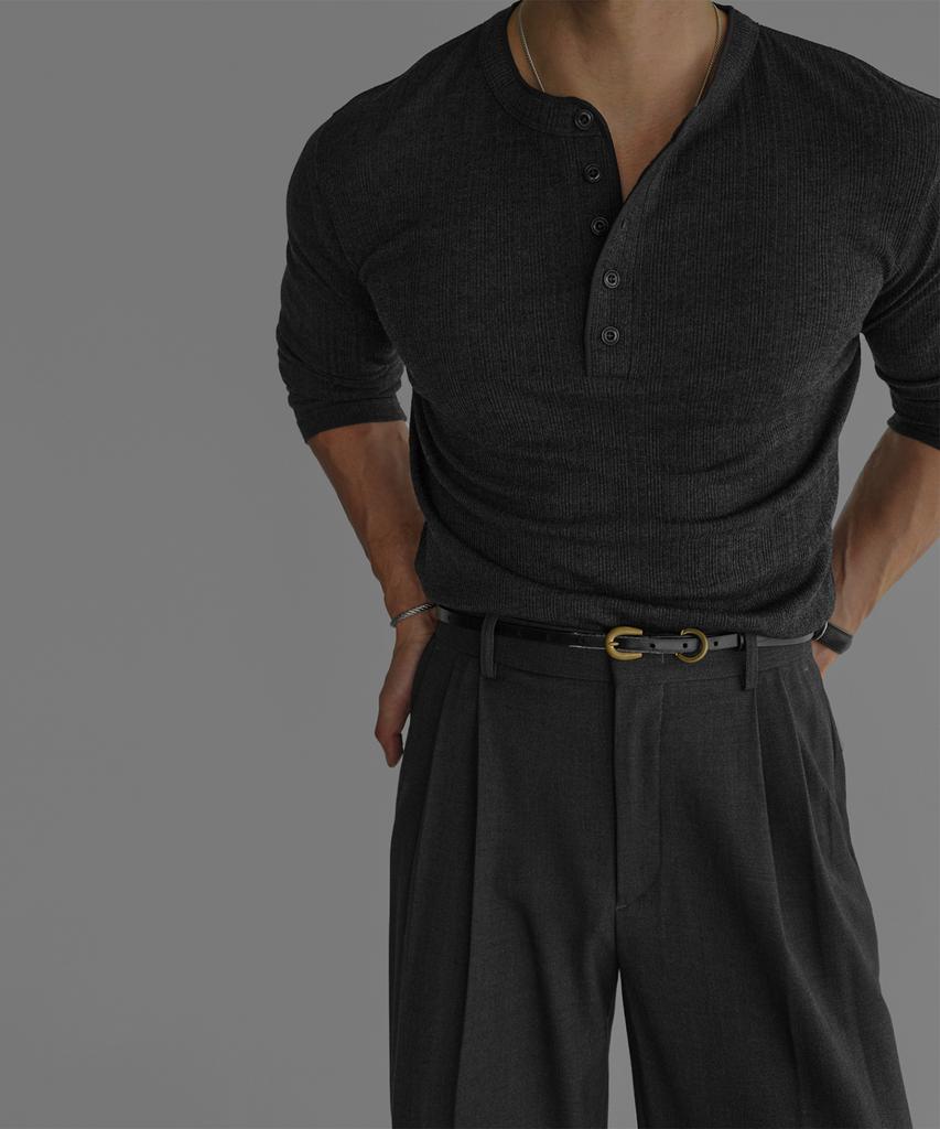 Baulopeulodeogteu Pattern Muscle Henley Neck Knit Tee [Charcoal]