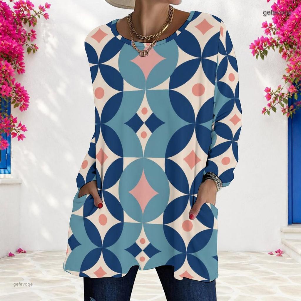 Women Plus Size Blue Pink Geometric Printed Round Neck Long Sleeve Loose Longline T Shirt With Pockets