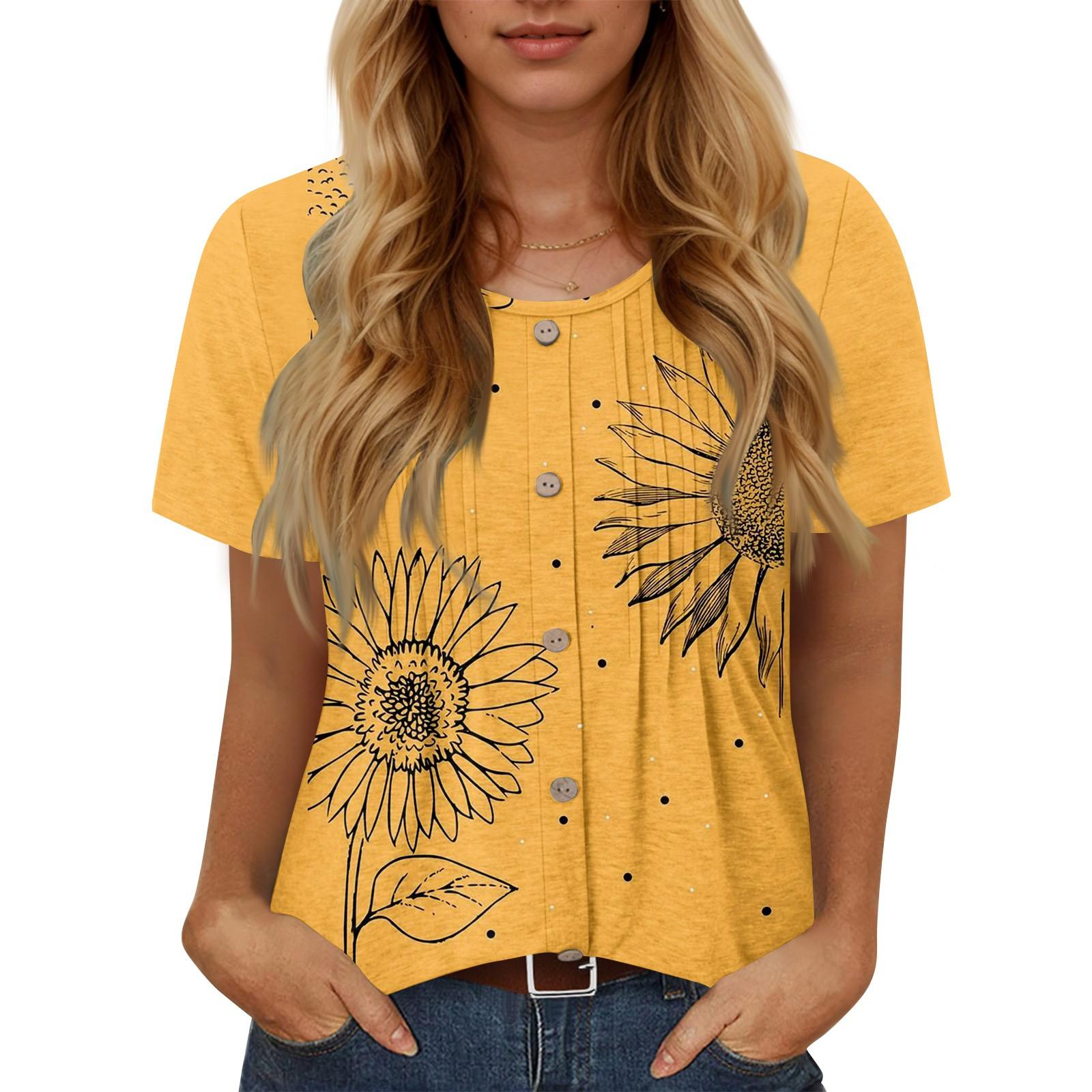 

Женский повседневный модный круглый плиссированный топ с цветочным принтом на пуговицах XL