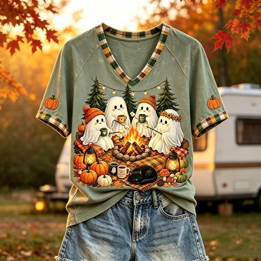Women's Casual Halloween Print V-Neck Short Sleeve T-Shirt Top for Fall and Daily Wear