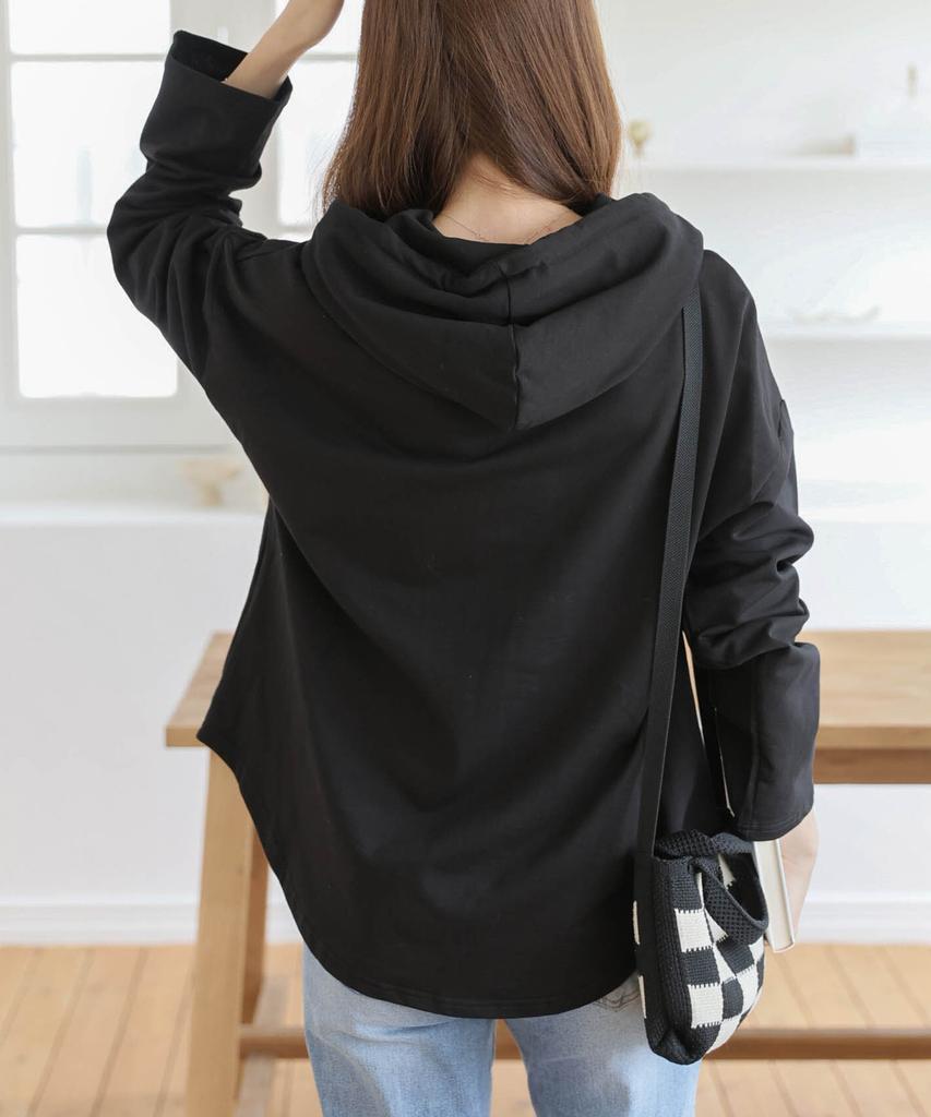 Loose-Fit Drawstring Button Long-Sleeve Hoodie