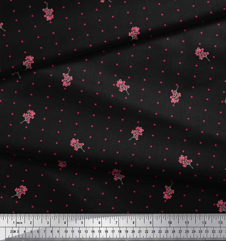 Soimoi Black Japan Crepe Satin Fabric Berries & Dots Print Fabric by Metre 42 Inch