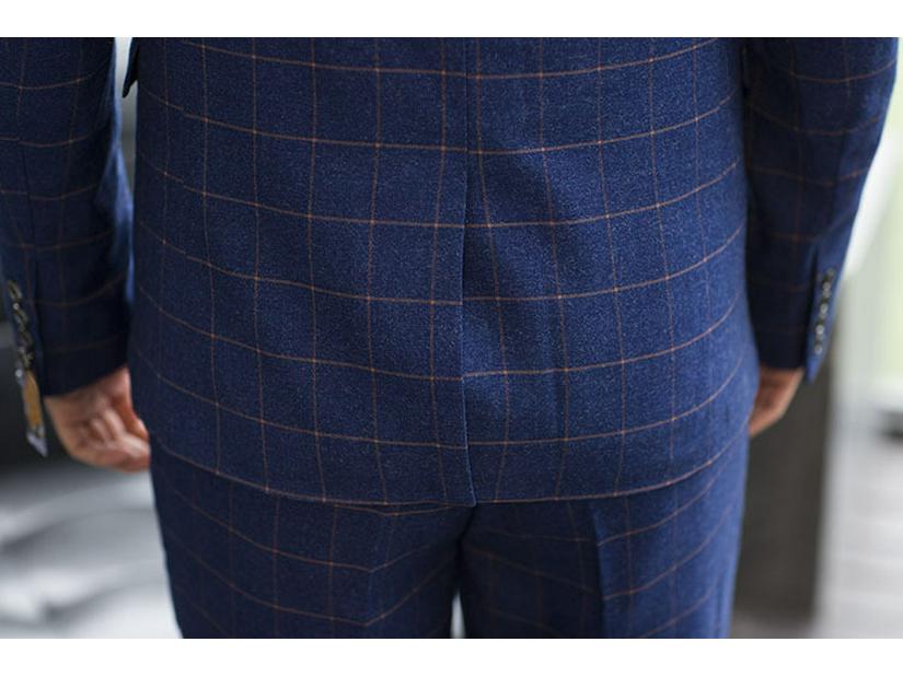 Men's Blue Plaid Slim Fit Blazer & Suit Set - Korean Style Two-Button Casual Tuxedo