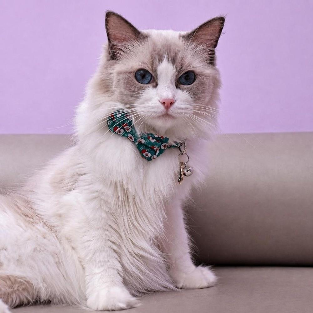 Detachable Christmas Cat Collar Striped Adjustable Pet Bow Tie Collar Bell Pendant Santa Claus Print Safety Breakaway Collar
