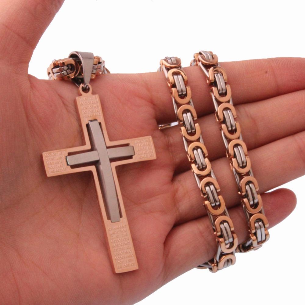 Fashion Rose Gold Cross Pendant Necklace Male Gift Trendy Stainless Steel 6mm Flast Byzantine Chain