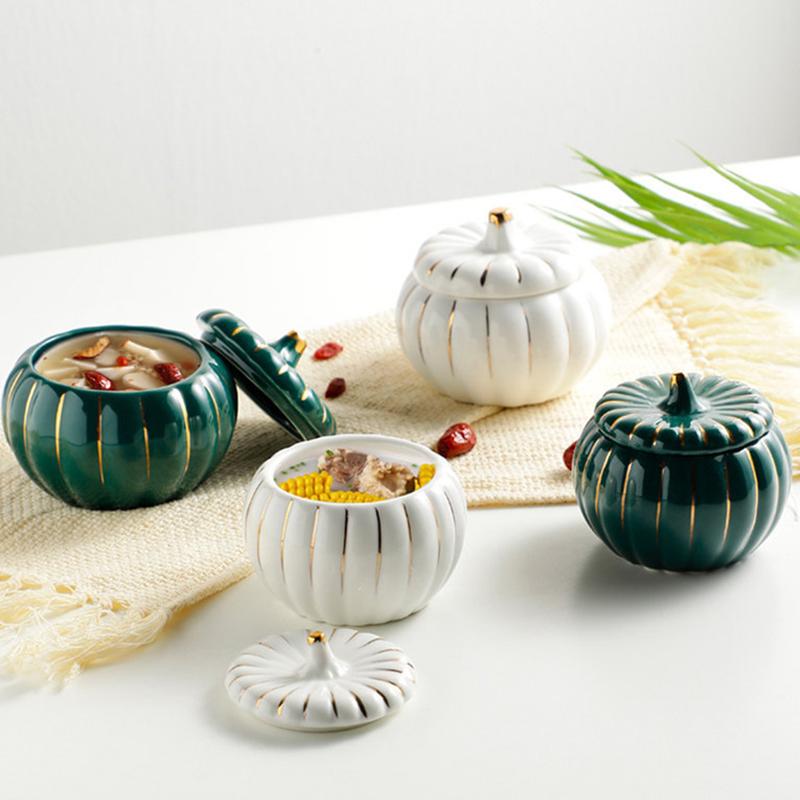 Ceramic Pumpkin Bowl with Lid Creative Soup Cup Steamed Egg Bird's Nest Small Stew Cup Kitchen Ceramic Fruit Dessert Salad Bowl