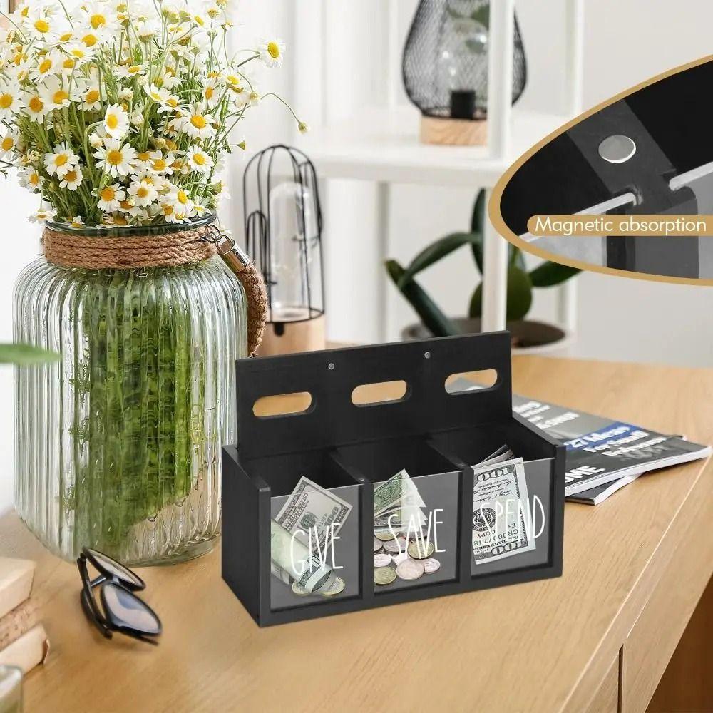 3 Compartments Wooden Money Saving Box Clearly Visualized Saving Money Jar Children