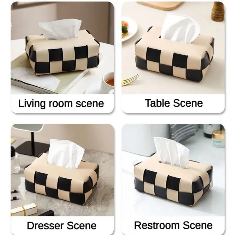 Taschentuchboxen aus Leder für Büro und Schlafzimmer, farblich blockiert, Schachbrettmuster, niedliches gewebtes Serviettenetui, rechteckig, für Ankleidezimmer, Küchentisch, Taschentücher-Organisationsbox